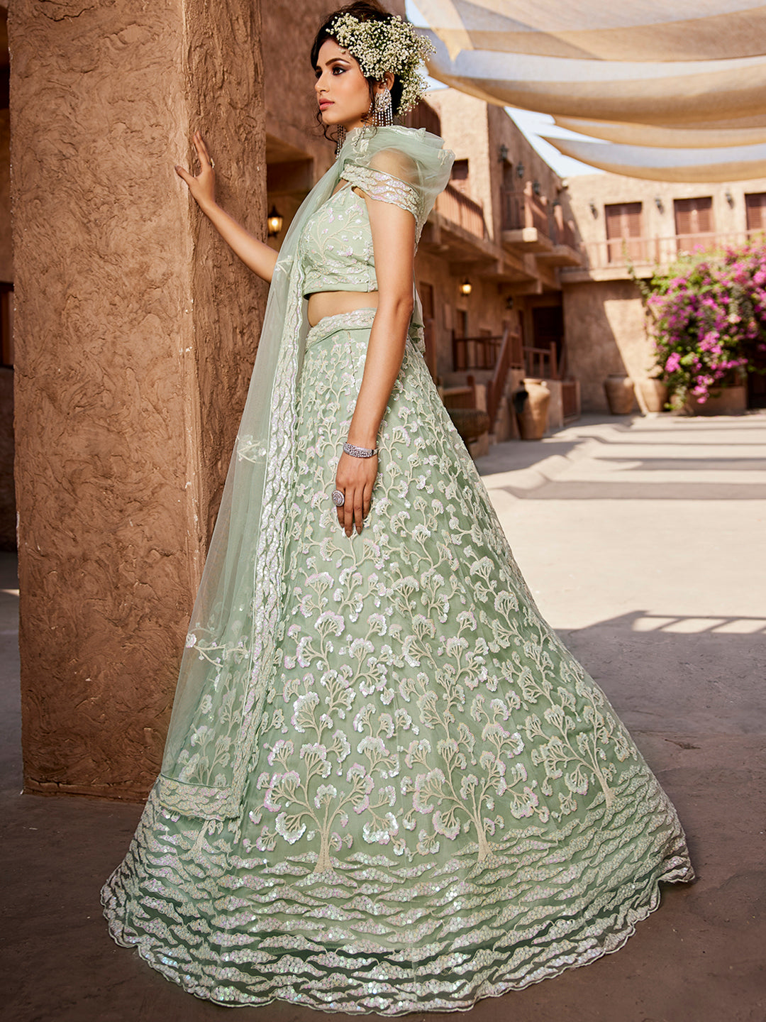 Women's Lime Green Net Sequinse embroidery Lehenga choli & Dupatta