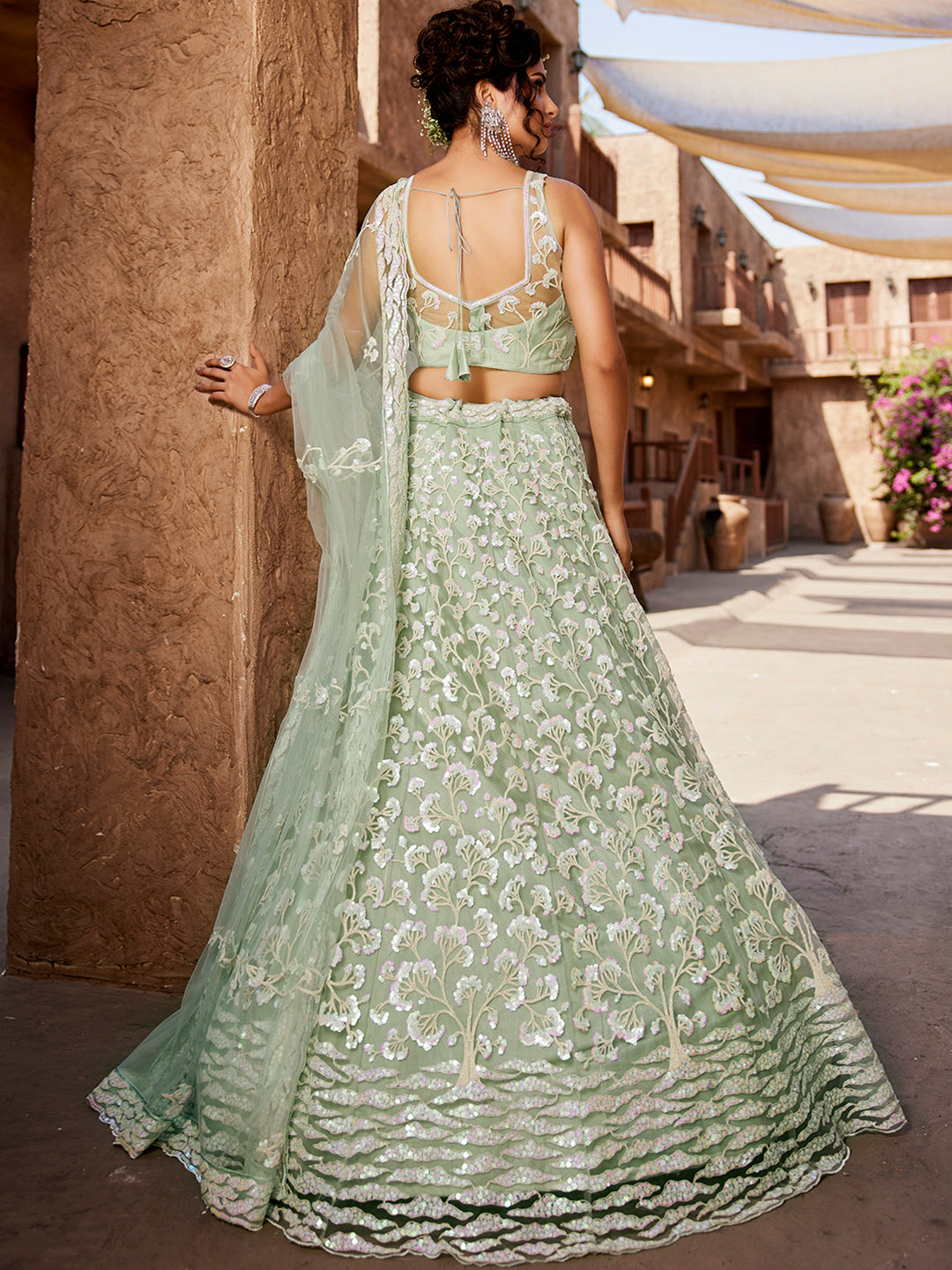 Women's Lime Green Net Sequinse embroidery Lehenga choli & Dupatta