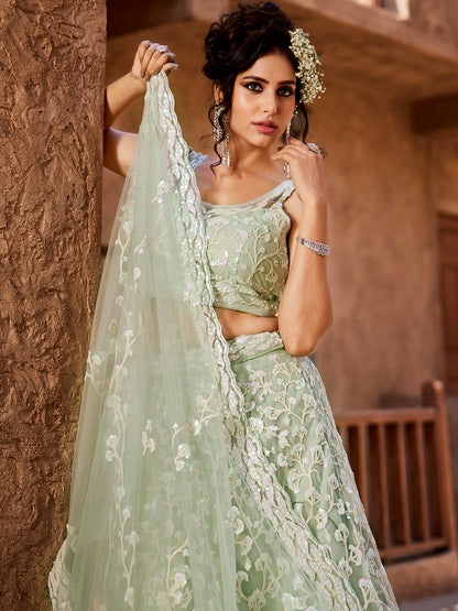 Women's Lime Green Net Sequinse embroidery Lehenga choli & Dupatta