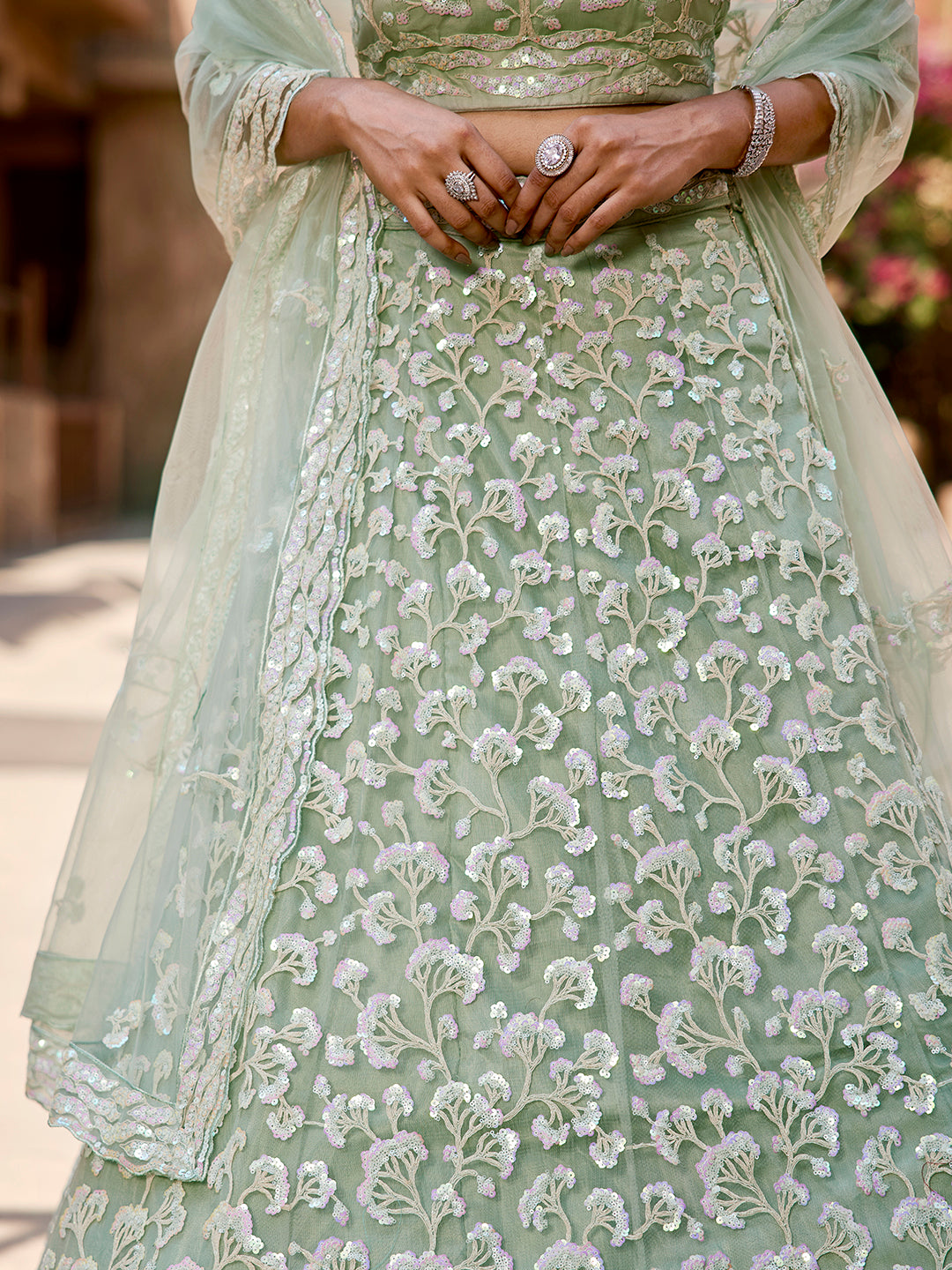 Women's Lime Green Net Sequinse embroidery Lehenga choli & Dupatta