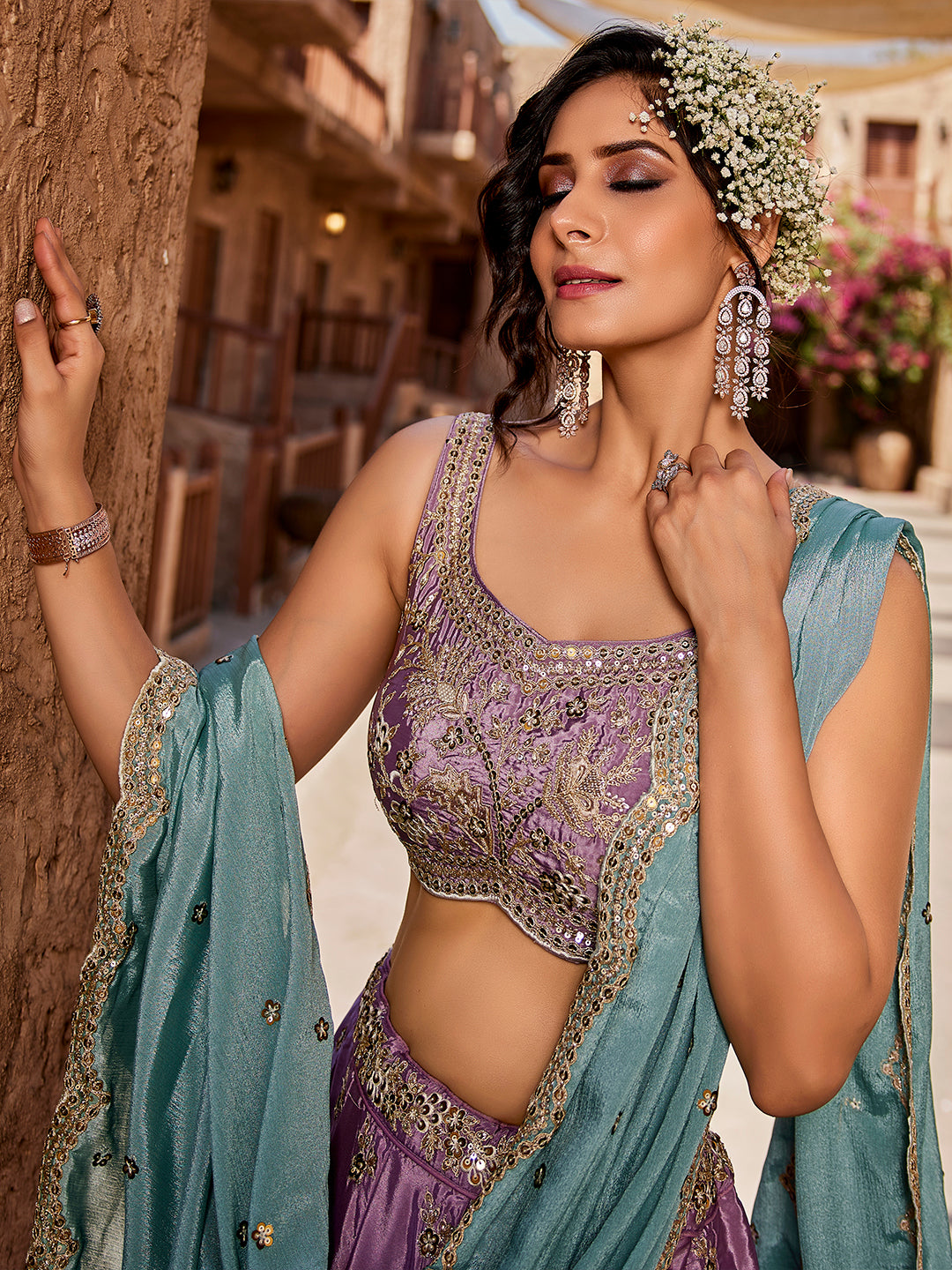 Women's Lavender Satin Silk Sequins embroidery Lehenga choli & Dupatta