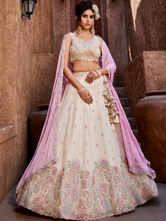Women's Cream Georgette Sequins embroidery Lehenga choli & Dupatta