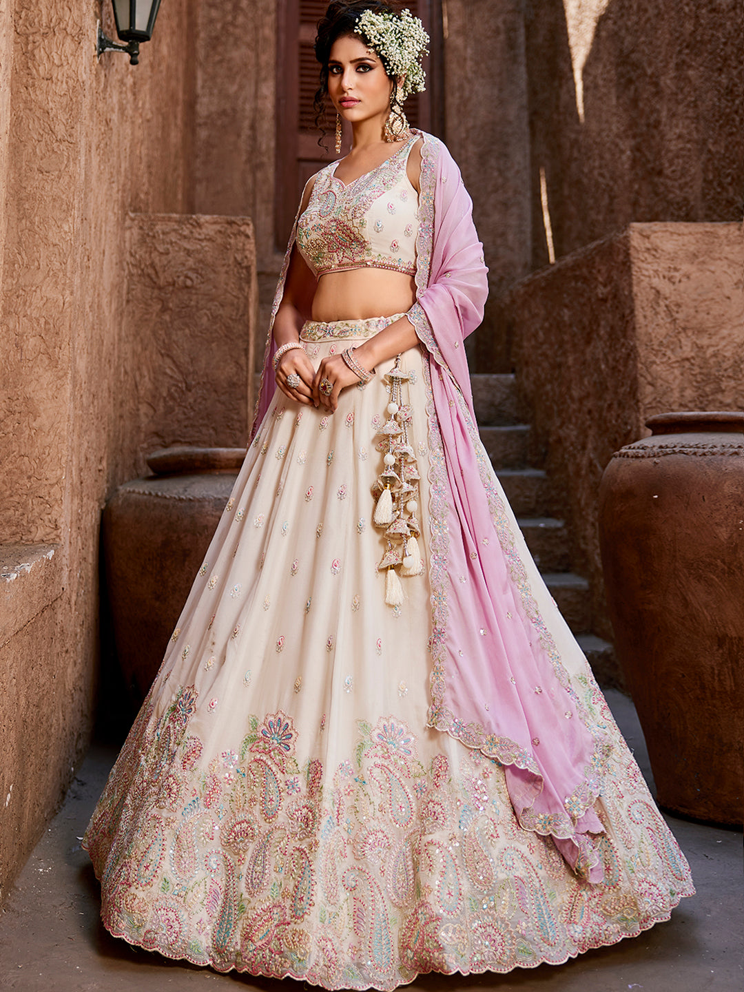 Women's Cream Georgette Sequins embroidery Lehenga choli & Dupatta