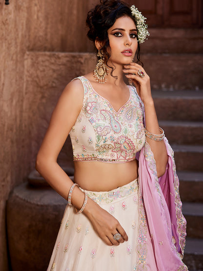 Women's Cream Georgette Sequins embroidery Lehenga choli & Dupatta
