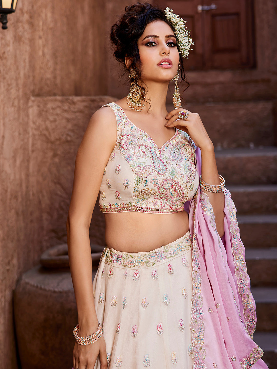 Women's Cream Georgette Sequins embroidery Lehenga choli & Dupatta