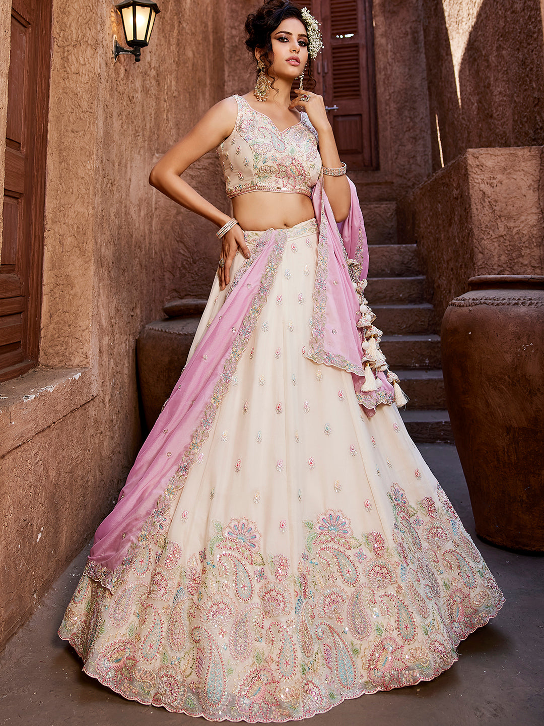 Women's Cream Georgette Sequins embroidery Lehenga choli & Dupatta