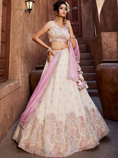 Women's Cream Georgette Sequins embroidery Lehenga choli & Dupatta