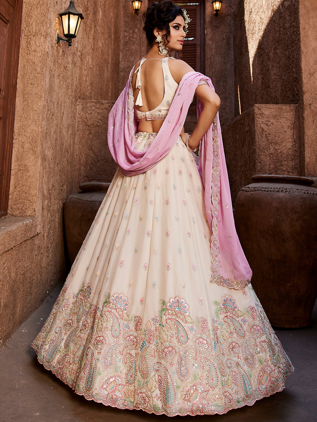 Women's Cream Georgette Sequins embroidery Lehenga choli & Dupatta