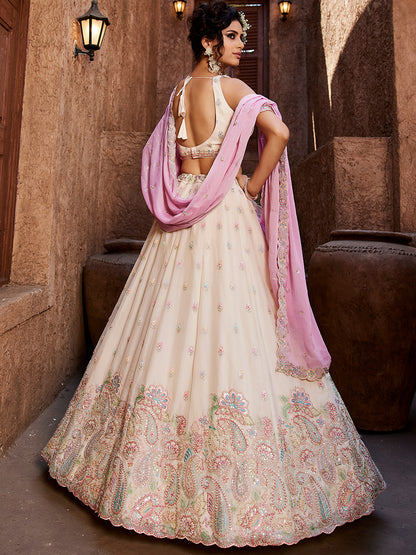 Women's Cream Georgette Sequins embroidery Lehenga choli & Dupatta
