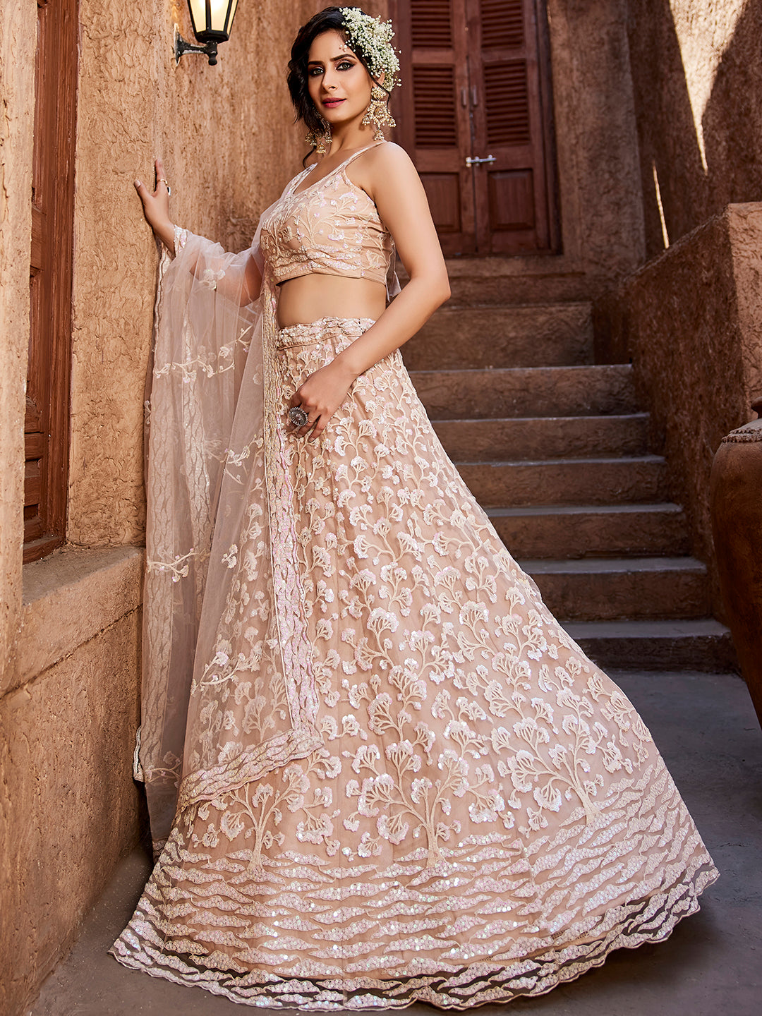 Women's Nude Net Sequinse embroidery Lehenga choli & Dupatta