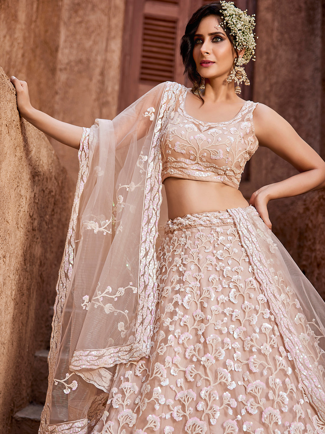 Women's Nude Net Sequinse embroidery Lehenga choli & Dupatta