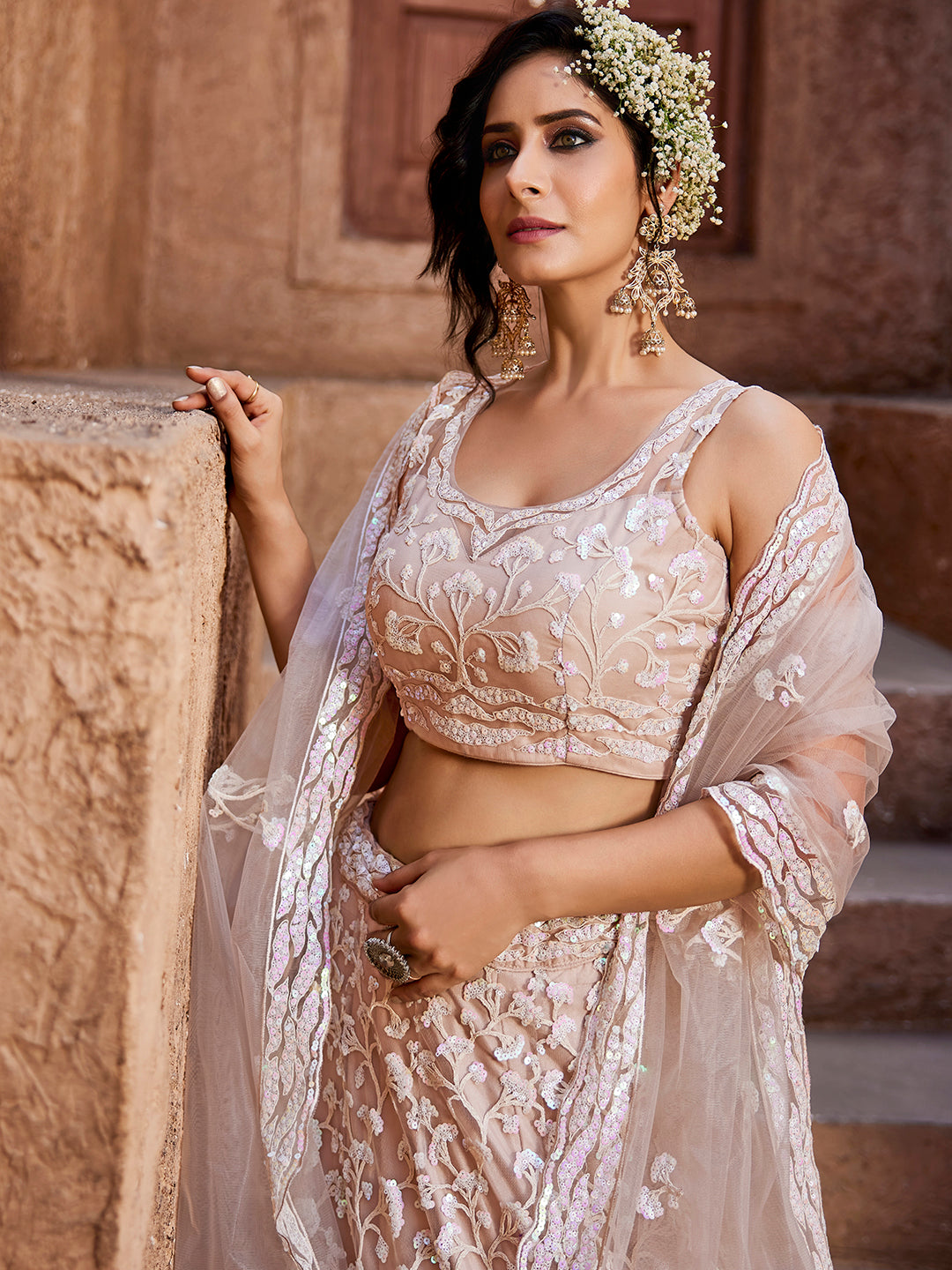 Women's Nude Net Sequinse embroidery Lehenga choli & Dupatta
