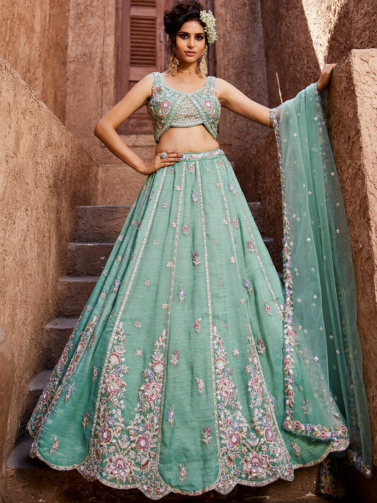 Women's Sea Green colour Tissue Sequinse embroidery Lehenga choli & Dupatta