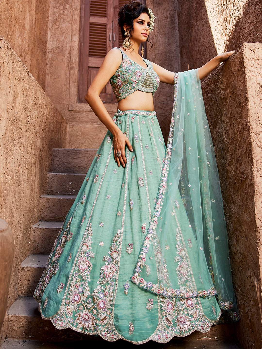 Women's Sea Green colour Tissue Sequinse embroidery Lehenga choli & Dupatta
