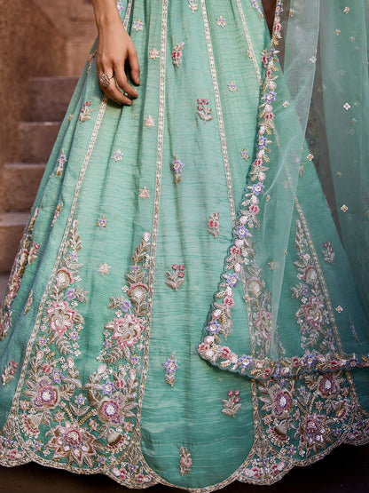 Women's Sea Green colour Tissue Sequinse embroidery Lehenga choli & Dupatta