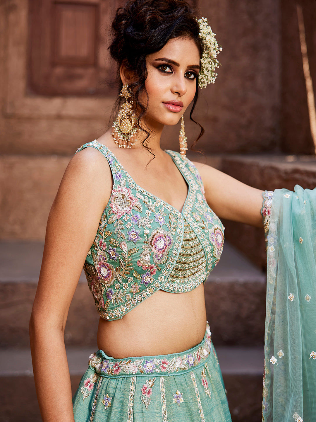 Women's Sea Green colour Tissue Sequinse embroidery Lehenga choli & Dupatta