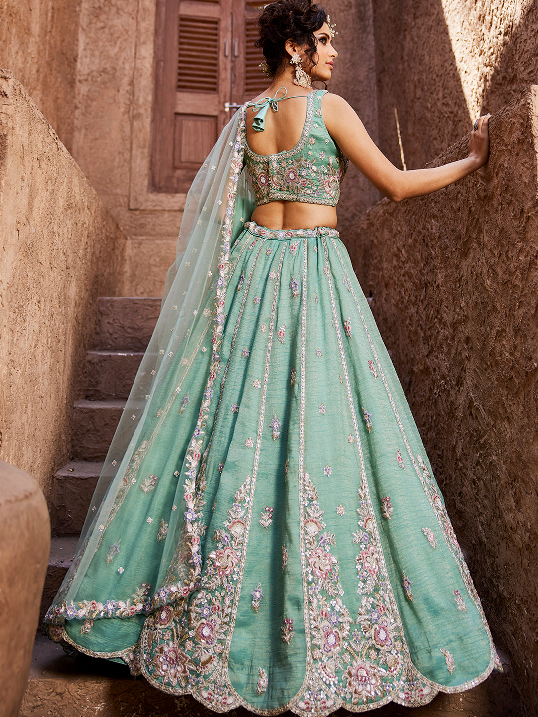 Women's Sea Green colour Tissue Sequinse embroidery Lehenga choli & Dupatta