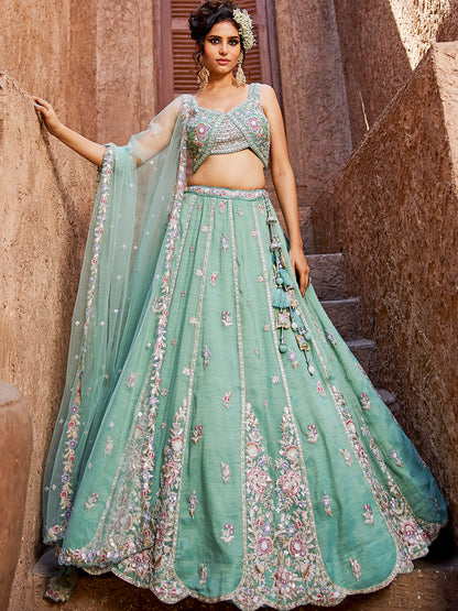 Women's Sea Green colour Tissue Sequinse embroidery Lehenga choli & Dupatta