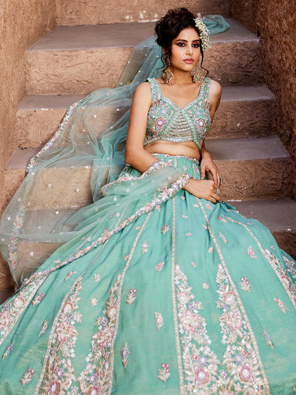 Women's Sea Green colour Tissue Sequinse embroidery Lehenga choli & Dupatta