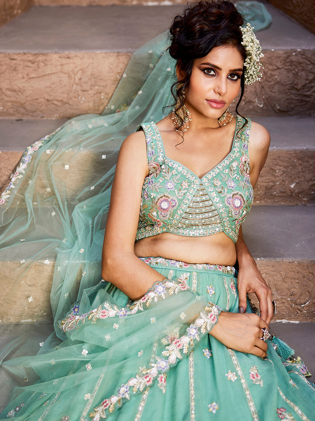Women's Sea Green colour Tissue Sequinse embroidery Lehenga choli & Dupatta