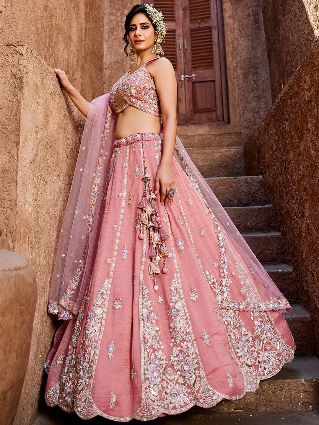 Women's Pink colour Tissue Sequinse embroidery Lehenga choli & Dupatta