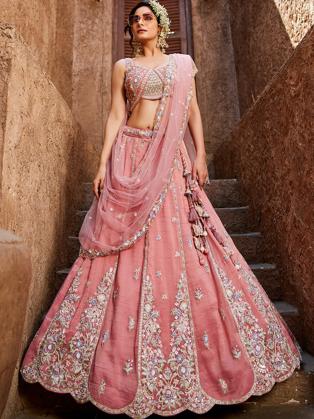 Women's Pink colour Tissue Sequinse embroidery Lehenga choli & Dupatta