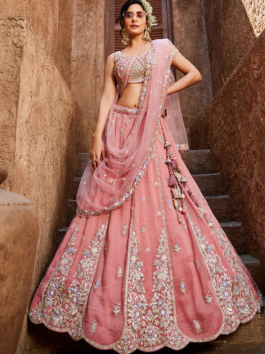 Women's Pink colour Tissue Sequinse embroidery Lehenga choli & Dupatta