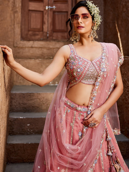 Women's Pink colour Tissue Sequinse embroidery Lehenga choli & Dupatta