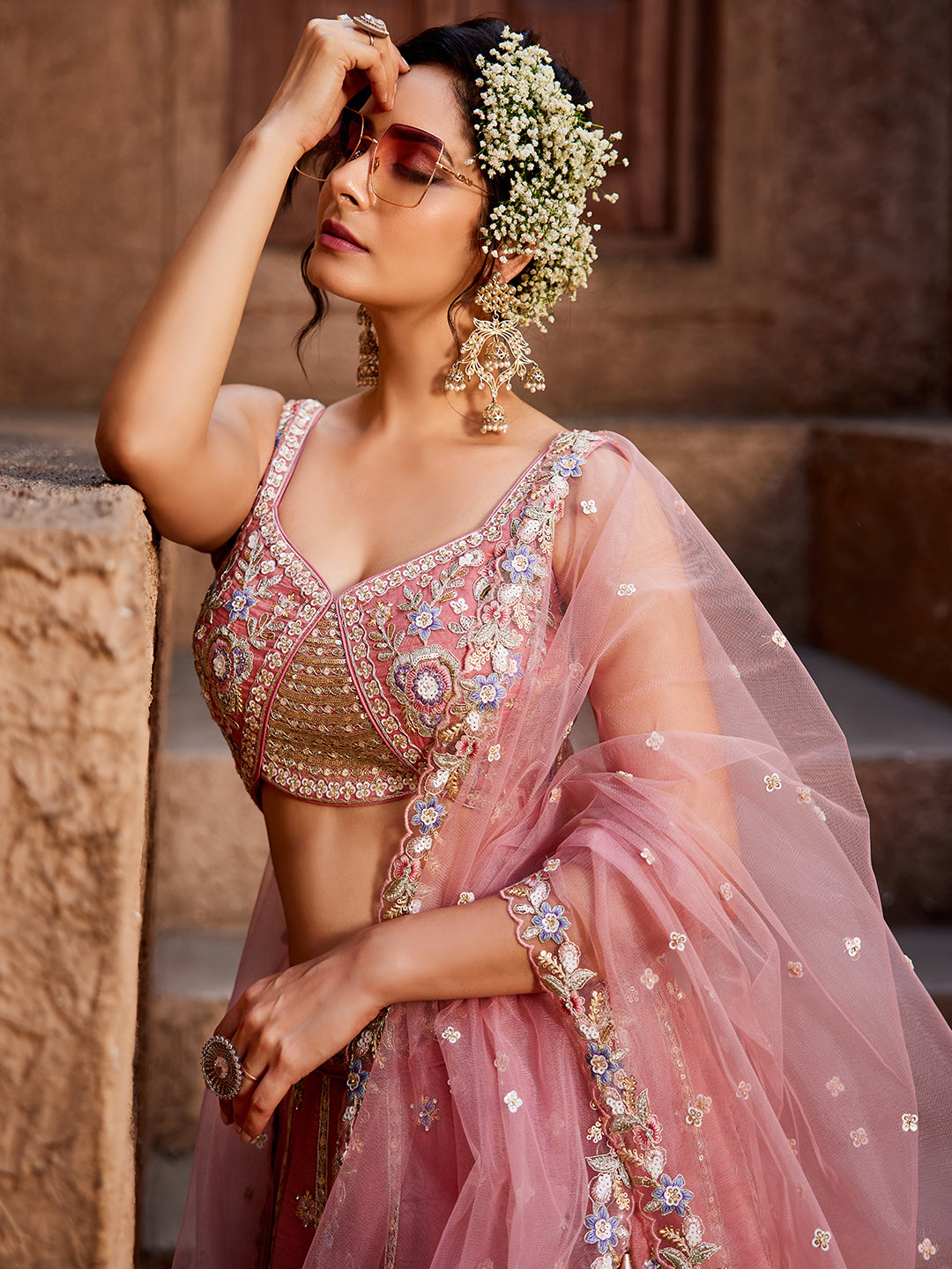 Women's Pink colour Tissue Sequinse embroidery Lehenga choli & Dupatta