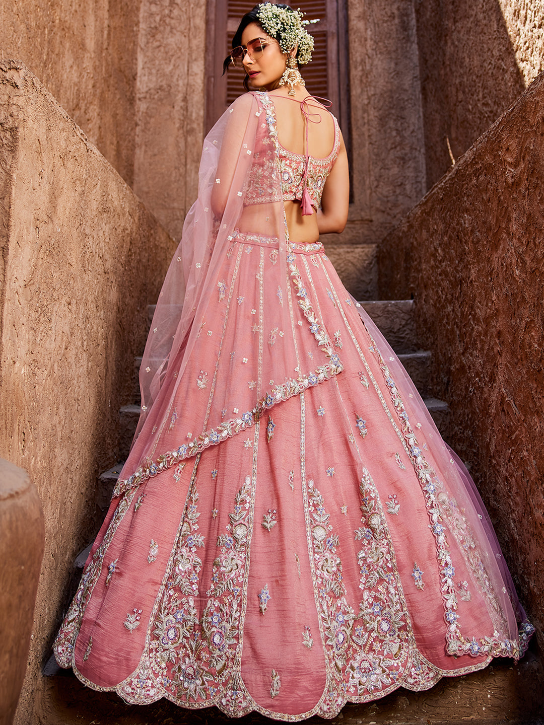 Women's Pink colour Tissue Sequinse embroidery Lehenga choli & Dupatta