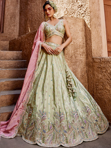 Women's Lime green Satin Silk Sequins embroidery Lehenga choli & Dupatta