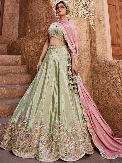 Women's Lime green Satin Silk Sequins embroidery Lehenga choli & Dupatta