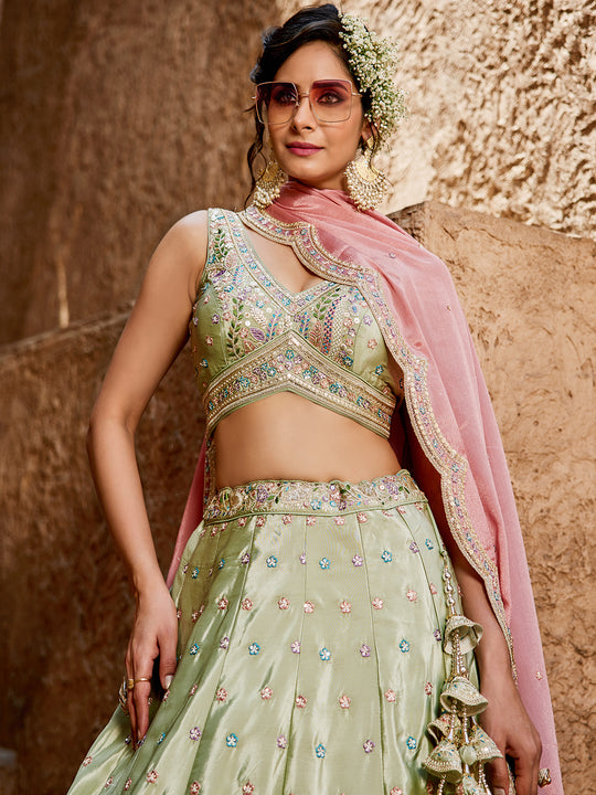 Women's Lime green Satin Silk Sequins embroidery Lehenga choli & Dupatta