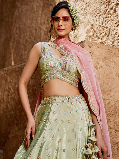 Women's Lime green Satin Silk Sequins embroidery Lehenga choli & Dupatta