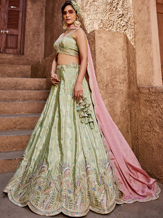 Women's Lime green Satin Silk Sequins embroidery Lehenga choli & Dupatta