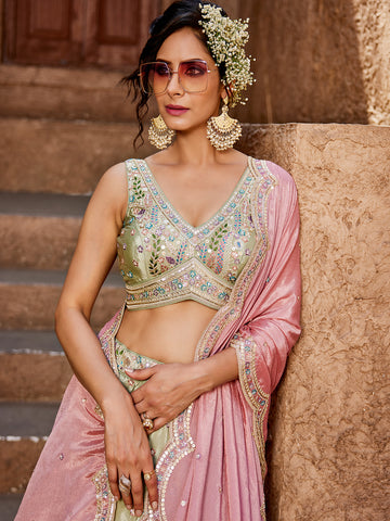 Women's Lime green Satin Silk Sequins embroidery Lehenga choli & Dupatta