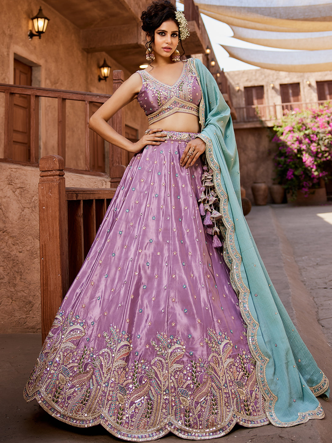 Women's Lavender Satin Silk Sequins embroidery Lehenga choli & Dupatta