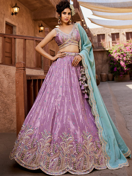 Women's Lavender Satin Silk Sequins embroidery Lehenga choli & Dupatta