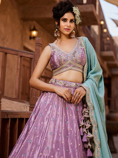 Women's Lavender Satin Silk Sequins embroidery Lehenga choli & Dupatta