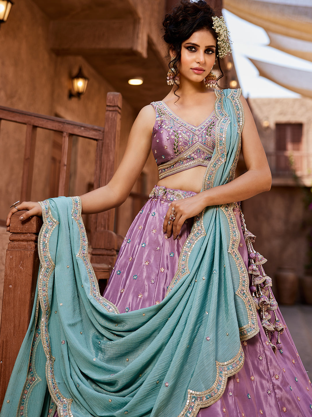 Women's Lavender Satin Silk Sequins embroidery Lehenga choli & Dupatta