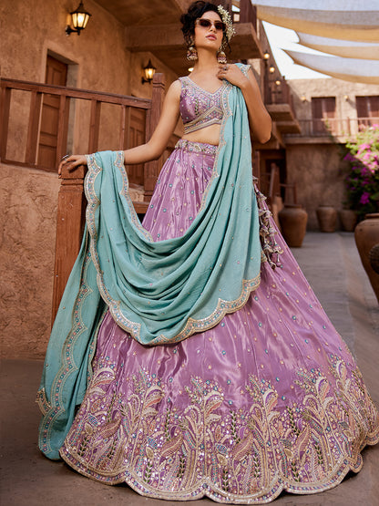 Women's Lavender Satin Silk Sequins embroidery Lehenga choli & Dupatta