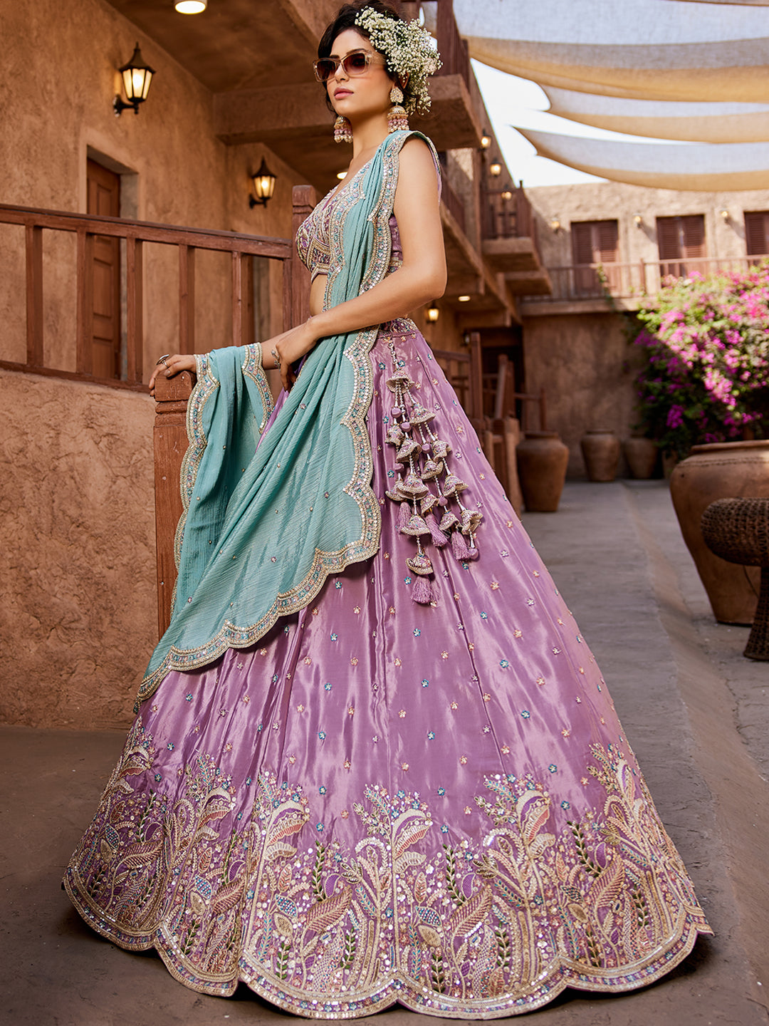 Women's Lavender Satin Silk Sequins embroidery Lehenga choli & Dupatta