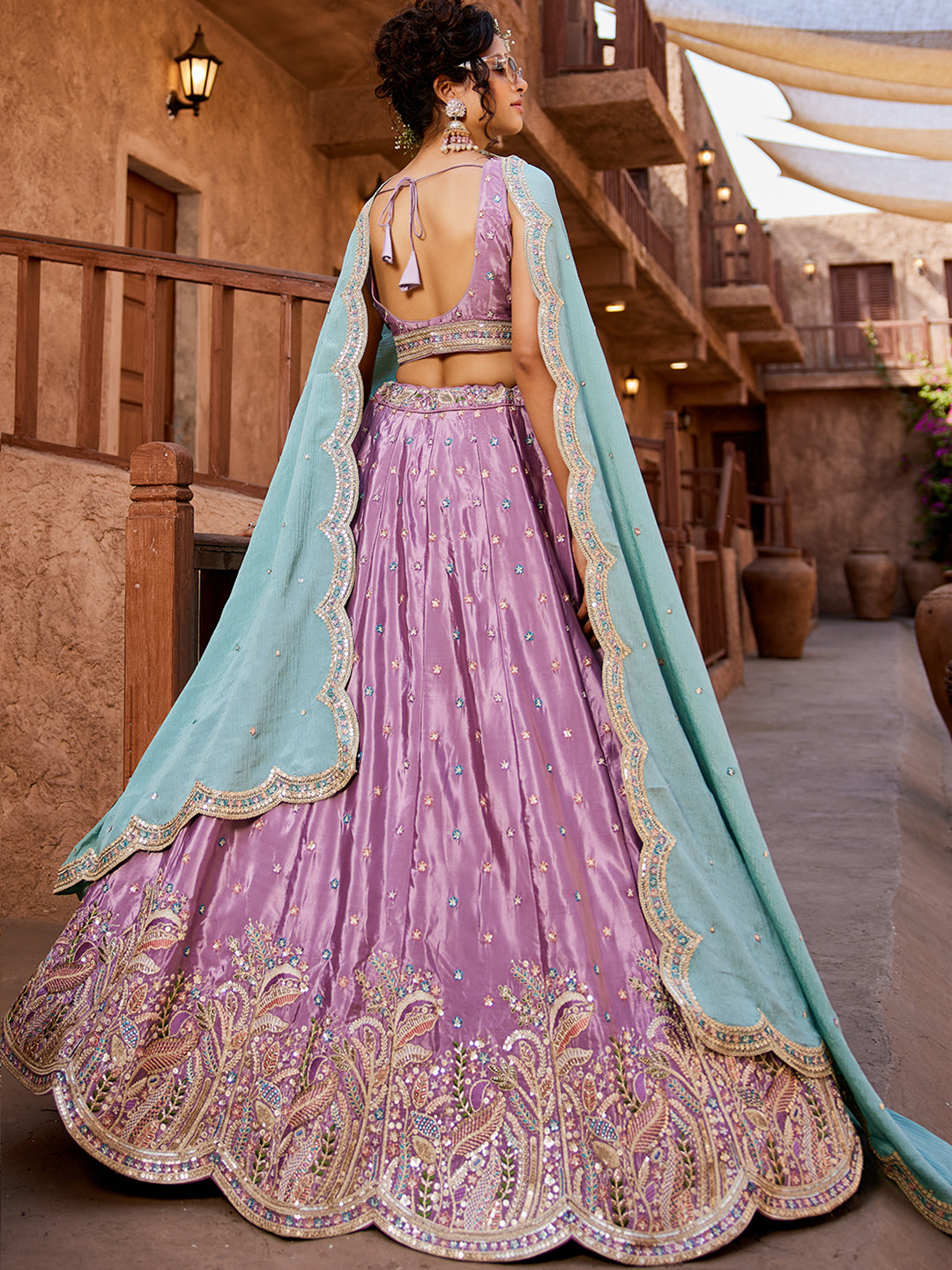 Women's Lavender Satin Silk Sequins embroidery Lehenga choli & Dupatta