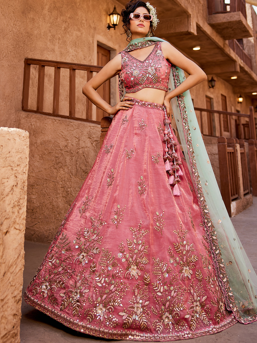 Women's Pink Tissue Sequinse embroidery Lehenga choli & Dupatta