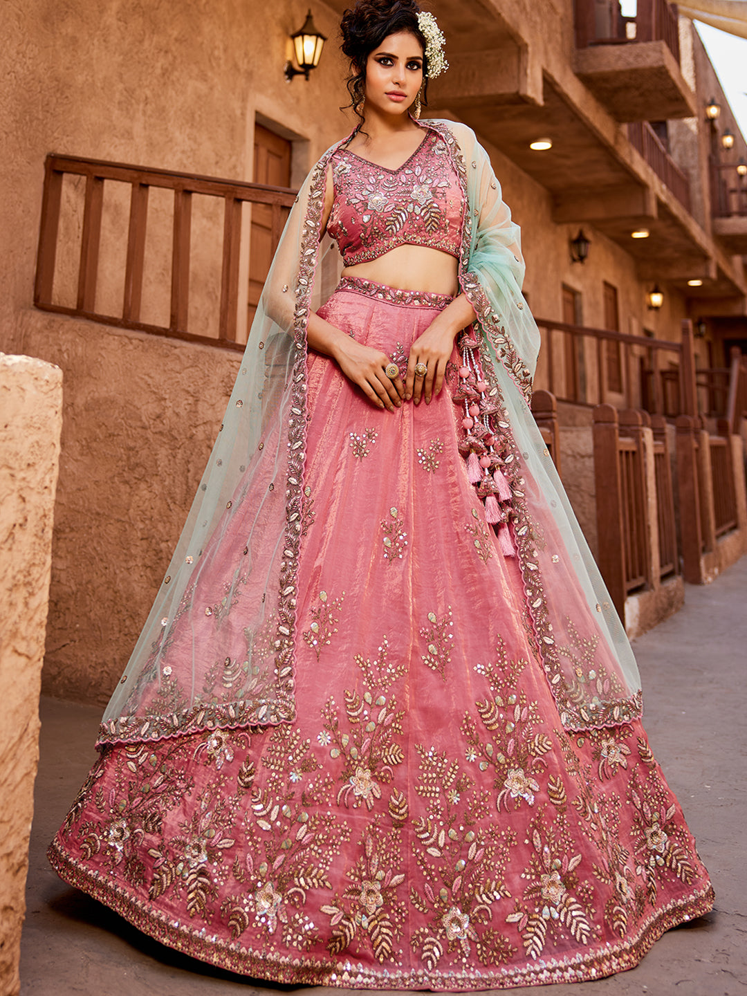 Women's Pink Tissue Sequinse embroidery Lehenga choli & Dupatta
