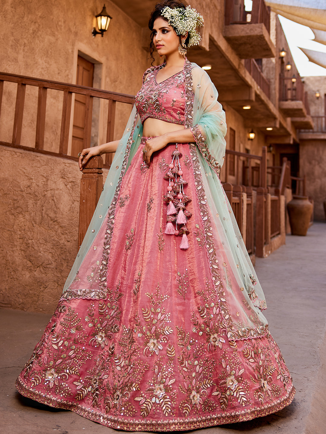 Women's Pink Tissue Sequinse embroidery Lehenga choli & Dupatta