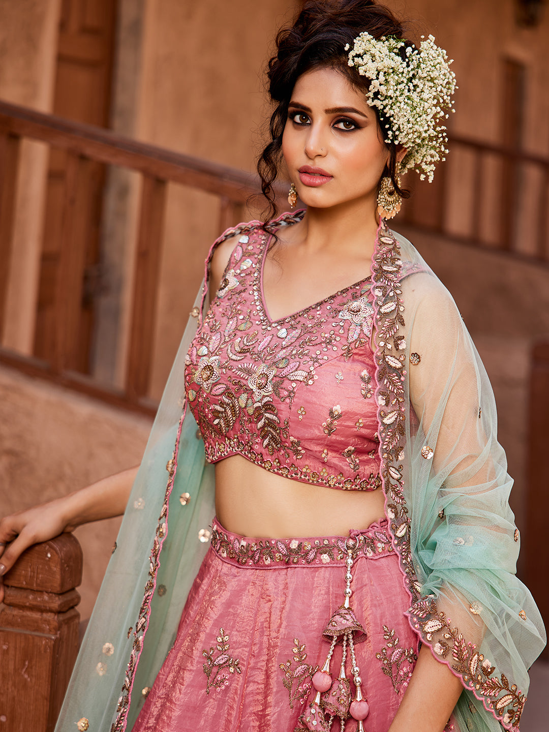 Women's Pink Tissue Sequinse embroidery Lehenga choli & Dupatta