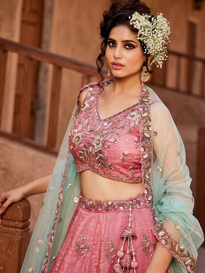 Women's Pink Tissue Sequinse embroidery Lehenga choli & Dupatta