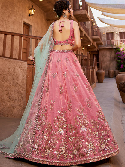 Women's Pink Tissue Sequinse embroidery Lehenga choli & Dupatta