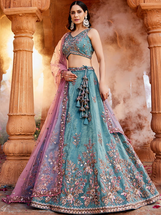 Women's Blue Tissue Sequinse embroidery Lehenga choli & Dupatta